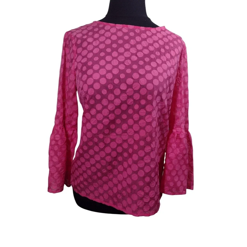 Tommy Hilfiger Blouse Women's Pink Top Small Petite Sheer Polka Dot Bell Sleeve